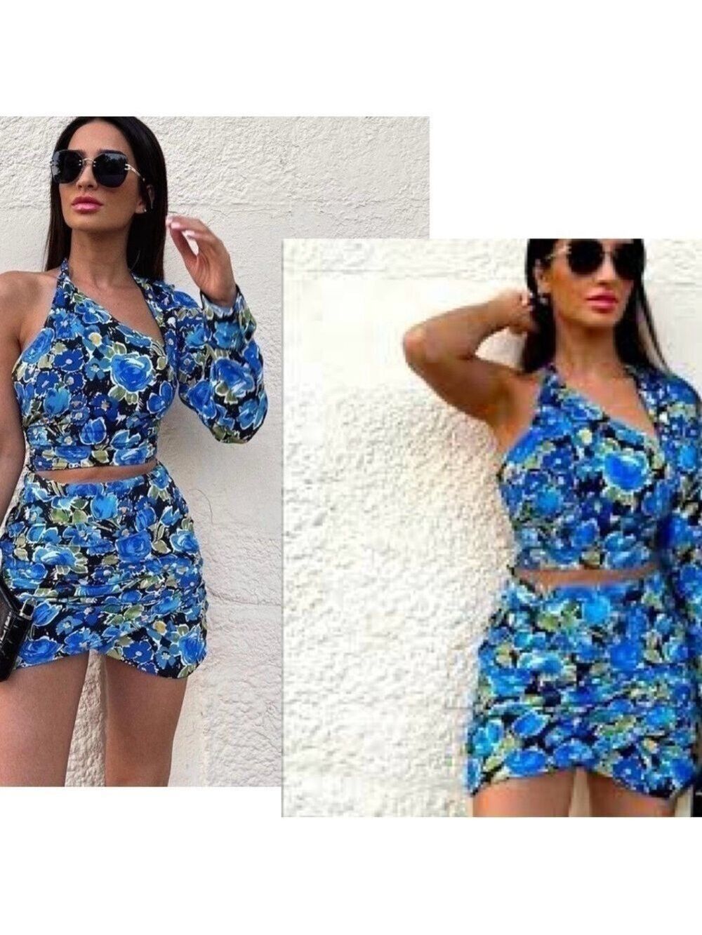 Zara blue floral flower one shoulder long sleeve cutout back tie blouse XS NWT